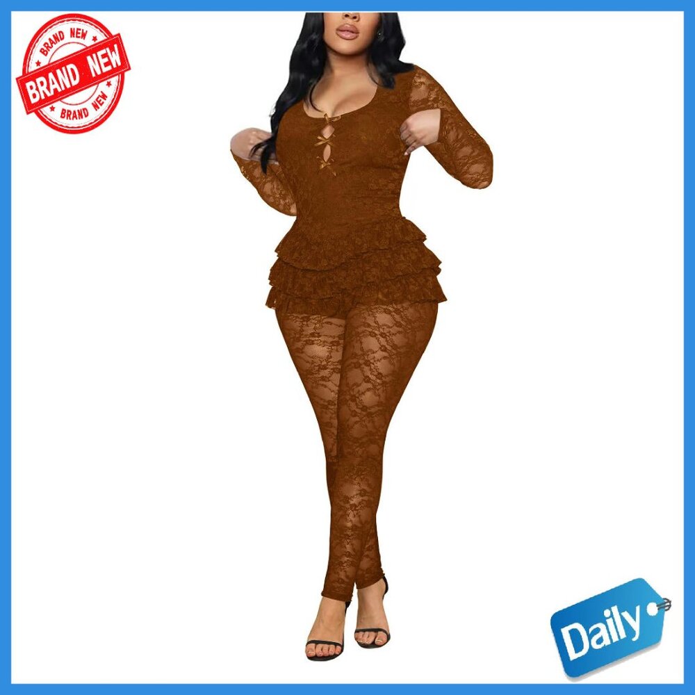 Dressy Lace Cutout Jumpsuit With Ruffled Trim, Size S-Xxl